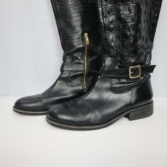 Vince Camuto Black Leather Embossed Knee High Riding Boots Gold Zip Buckle - 10 - Picture 5 of 14